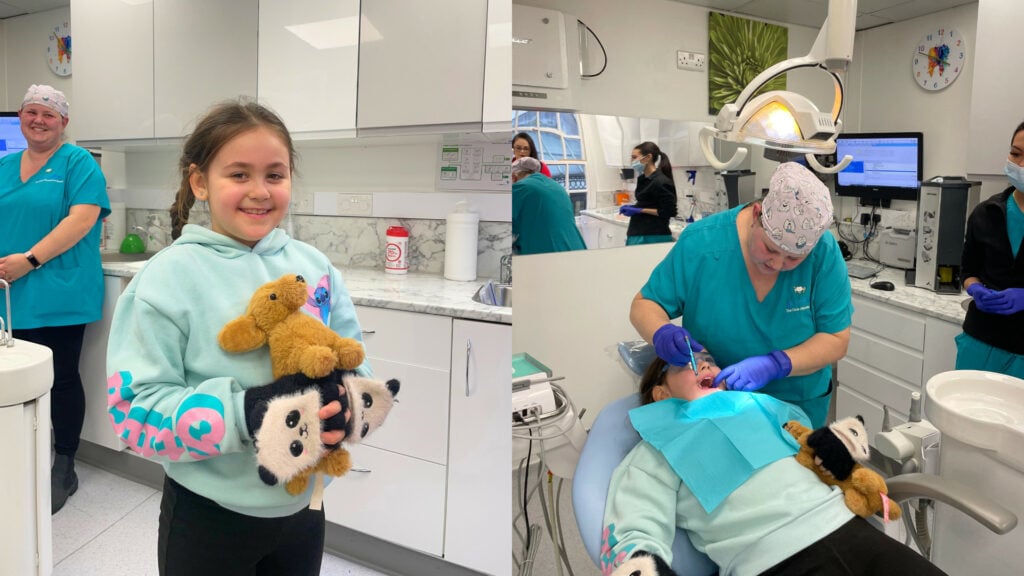 Smiling child sitting in dental chair during a check-up at Optident Dental Practice in Colchester