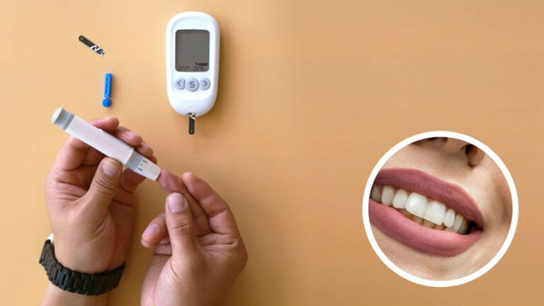Hands testing blood sugar with a lancet and digital glucose meter next to a close-up of healthy teeth and gums, illustrating the link between diabetes and dental health.