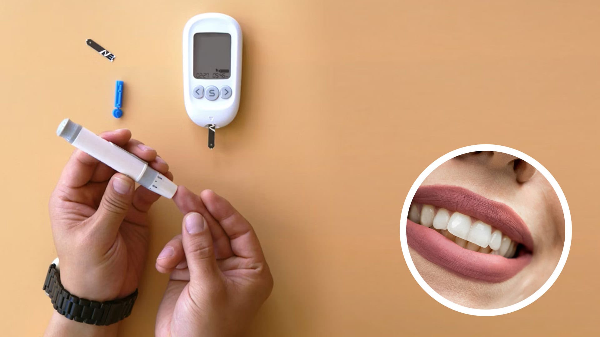 Hands testing blood sugar with a lancet and digital glucose meter next to a close-up of healthy teeth and gums, illustrating the link between diabetes and dental health.